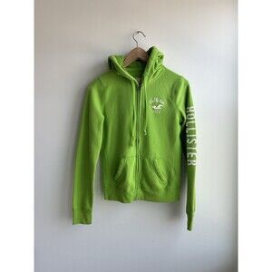 VTG Hollister Hoodie Womens M Green Full Zip Sweatshirt Jacket Thermal Hood Y2K